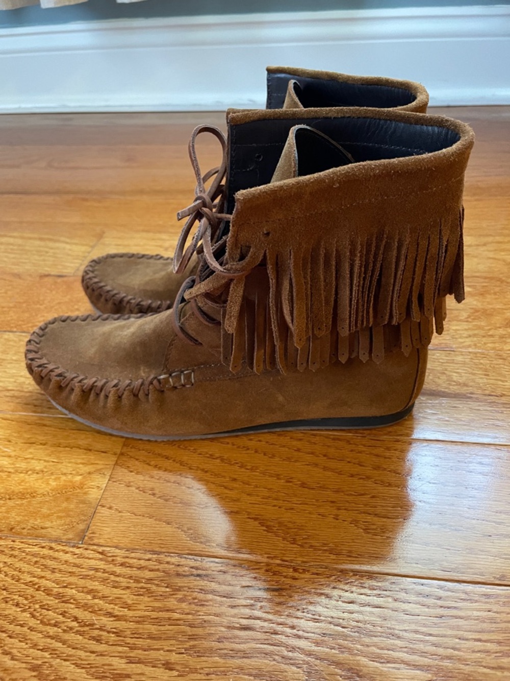 Fringed Suede Flat Moccasin Ankle Boots Boho Western Festival Summer Size 38 / 7
